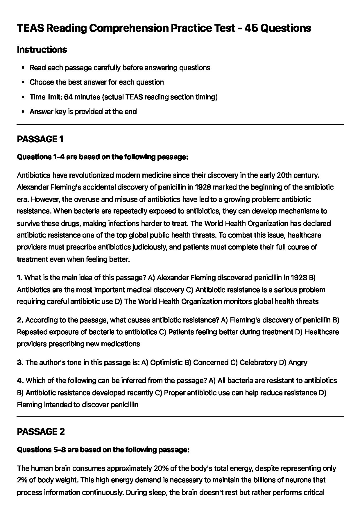 TEAS Reading Comprehension Practice Test – 45 Questions