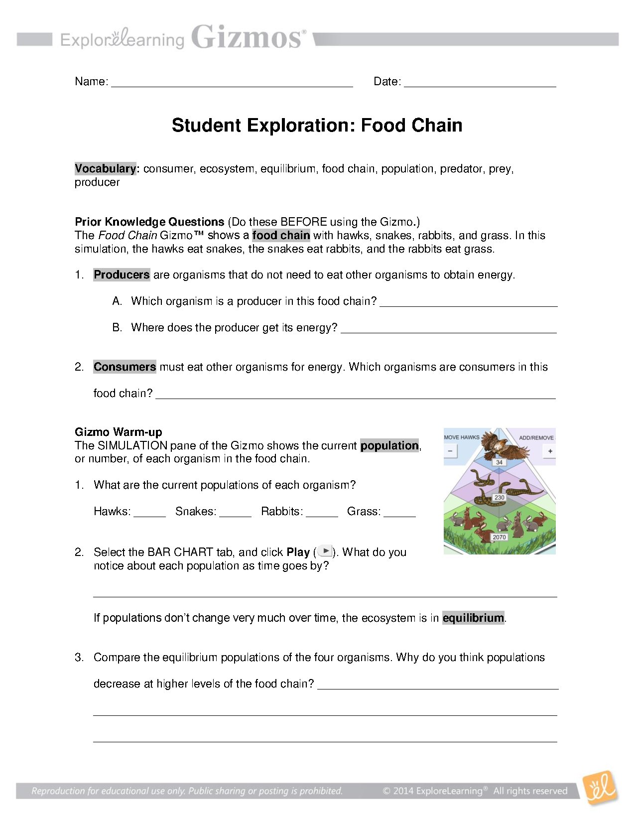 Food Chain Dynamics and Population Effects: Gizmo