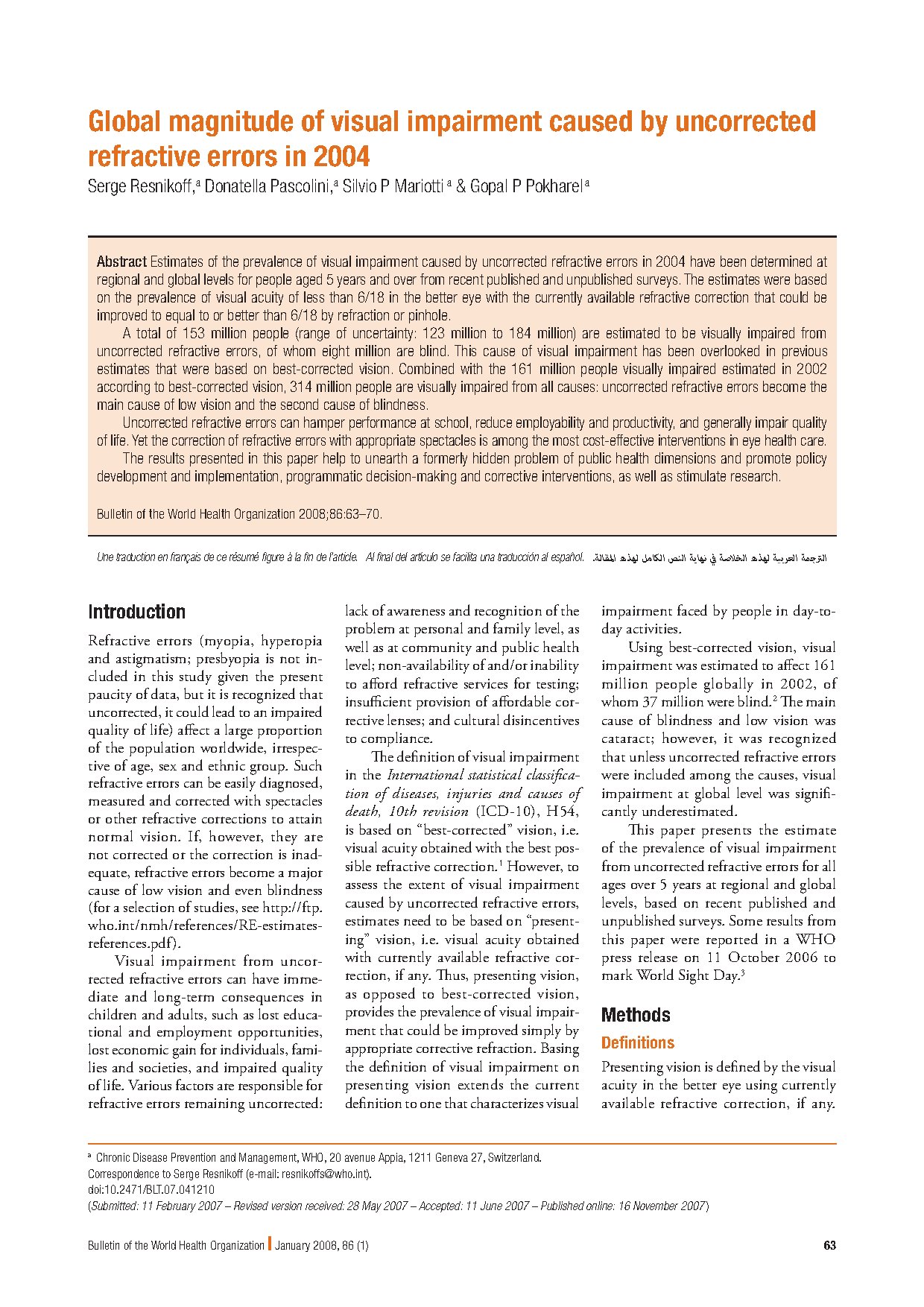 Global magnitude of visual impairment caused by uncorrected refractive errors in 2004