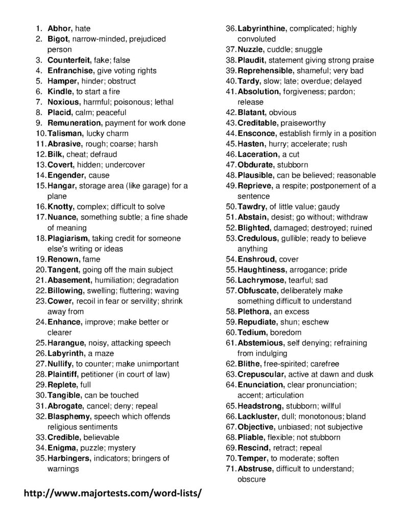 Advanced Vocabulary Word List