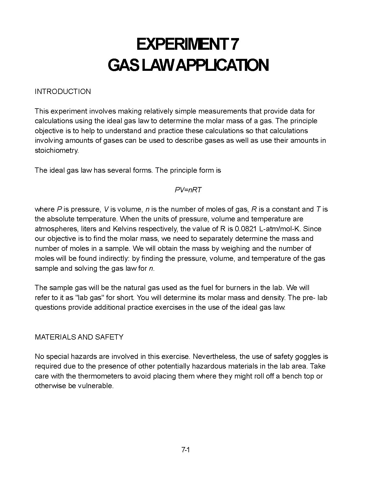 Ideal Gas Law: Molar Mass Experiment