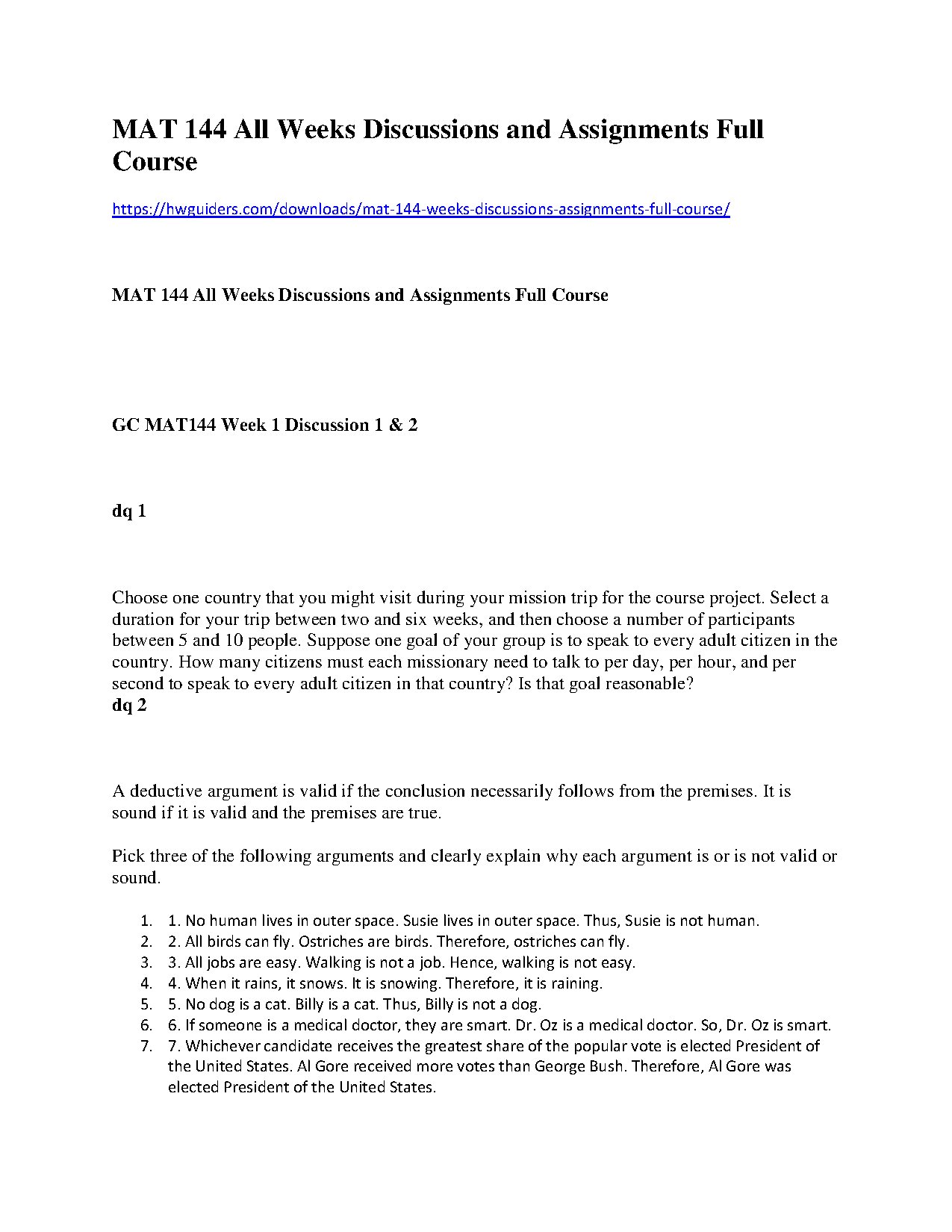 MAT 144 All Weeks Discussions and Assignments Full Course