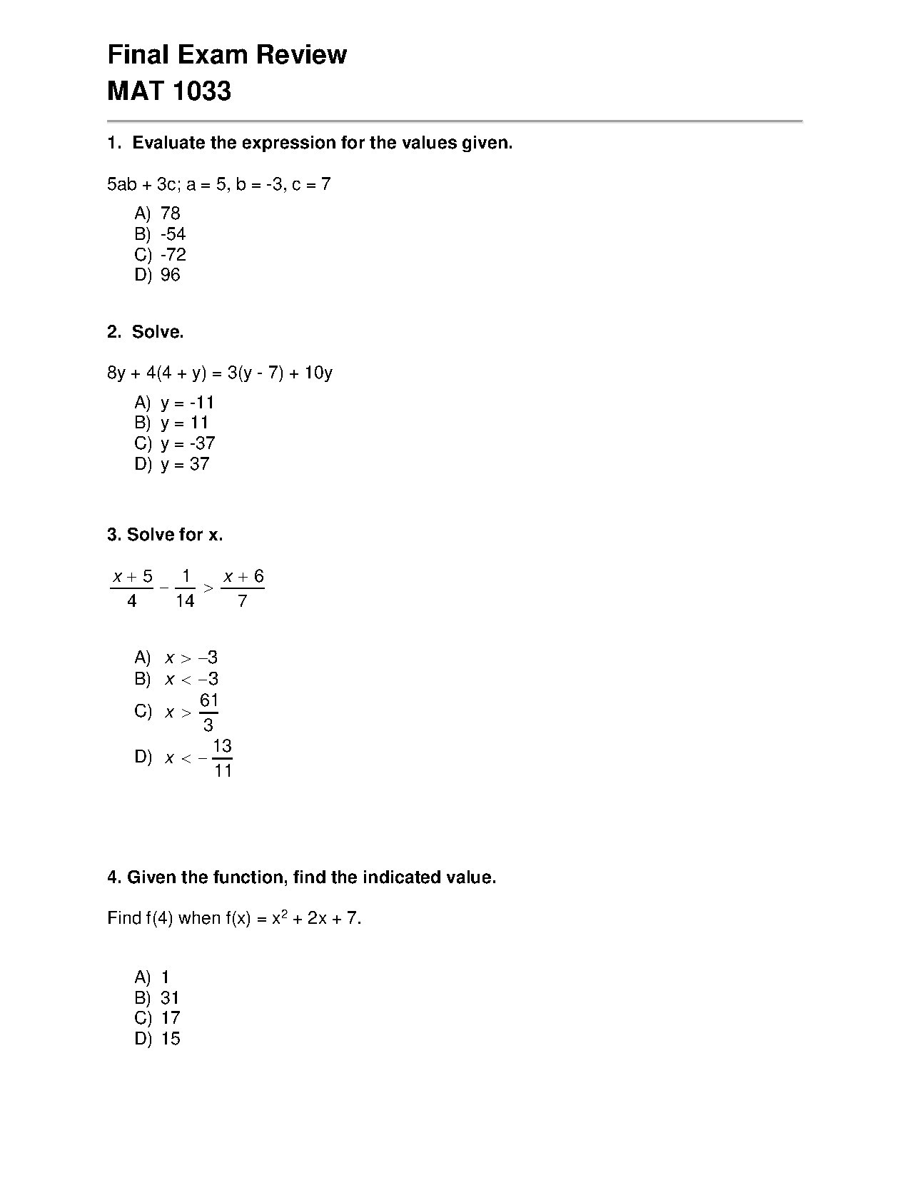 Final Exam Review – MAT 1033