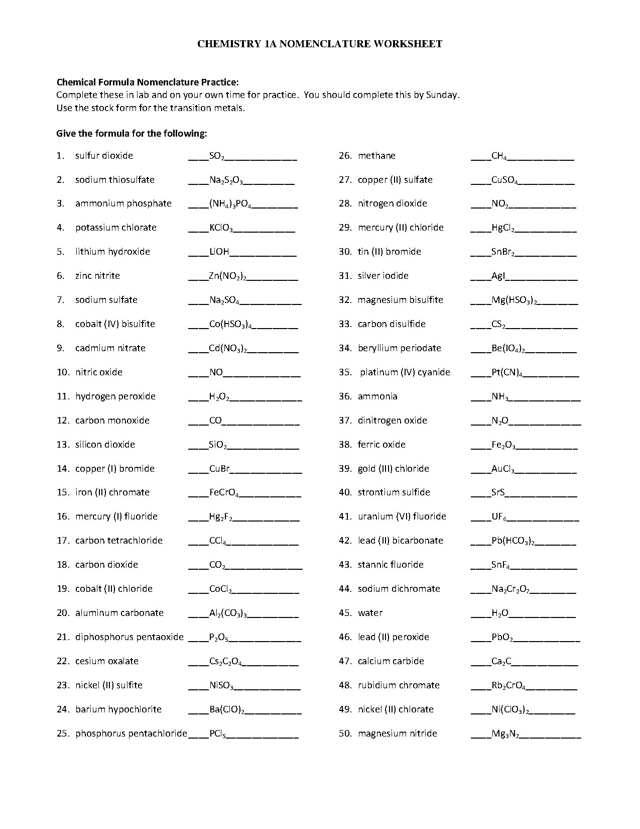 Chemistry 1A Nomenclature Practice