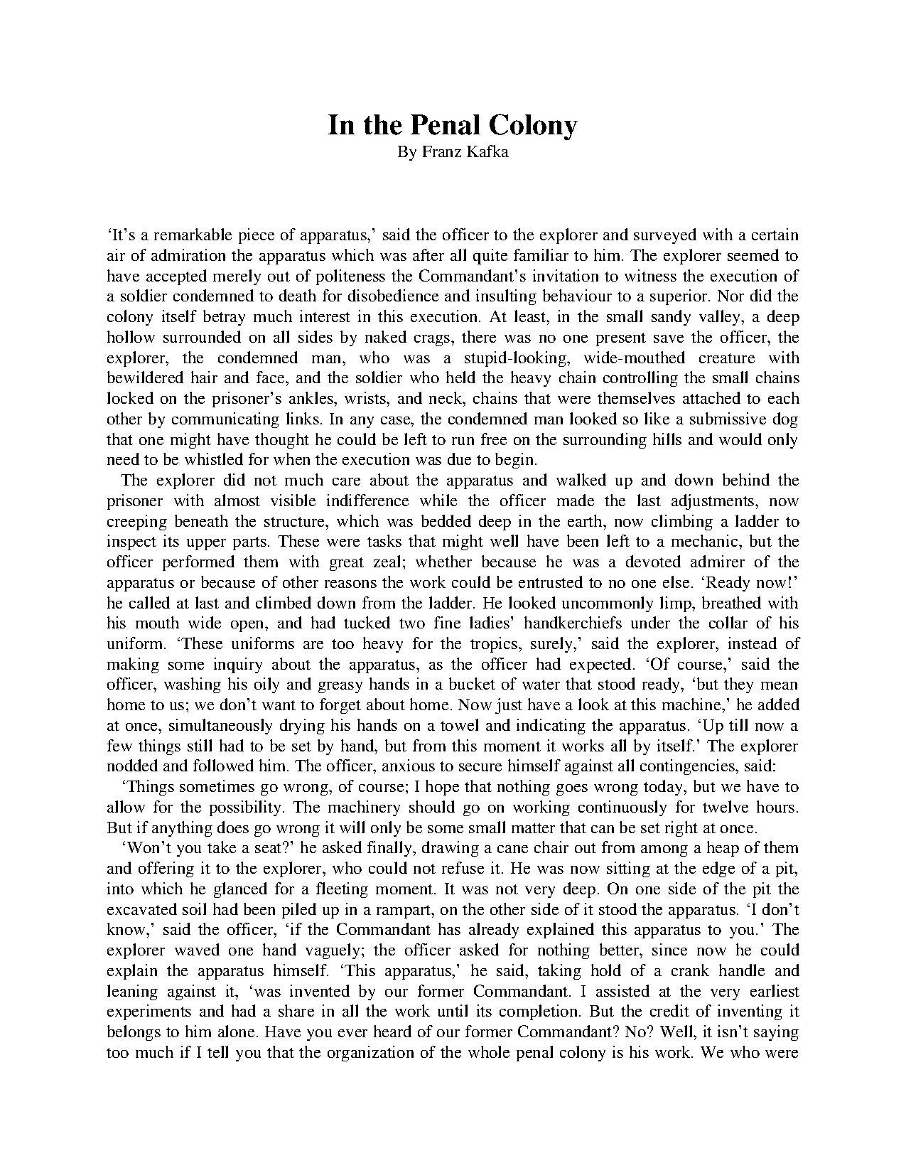 In the Penal Colony Short story by Franz Kafka