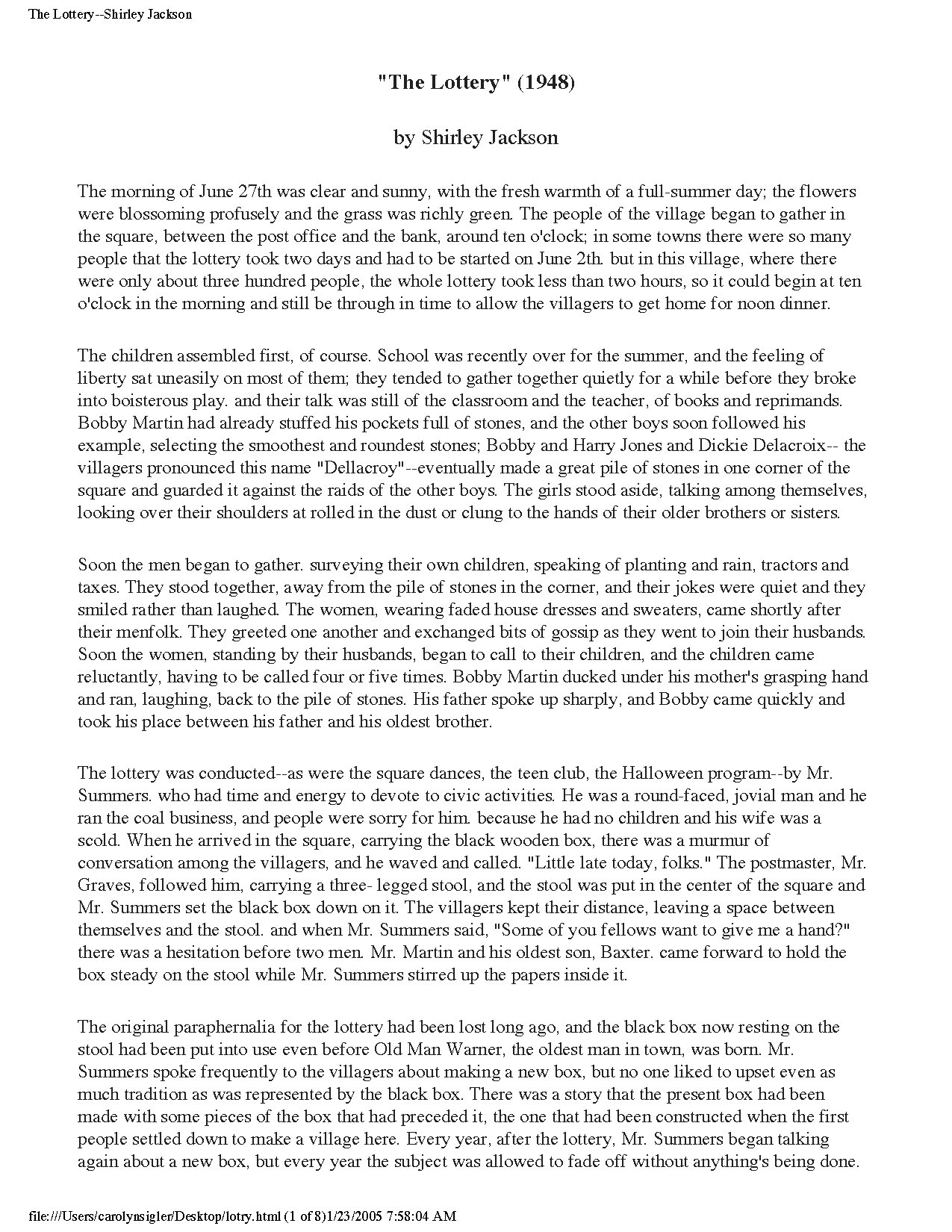 The Lottery 1948 by Shirley Jackson