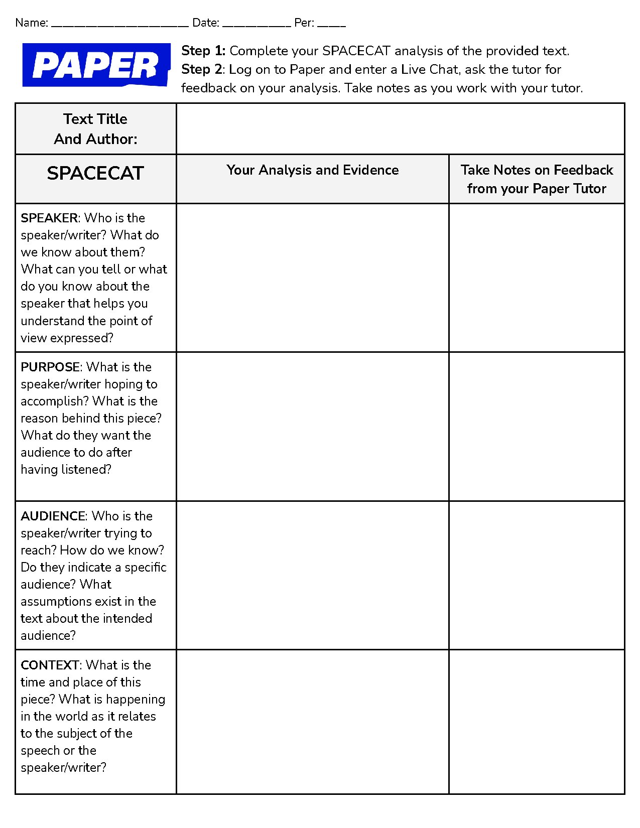 Paper Student Directed Learning Exercises SPACECAT Analysis Worksheet