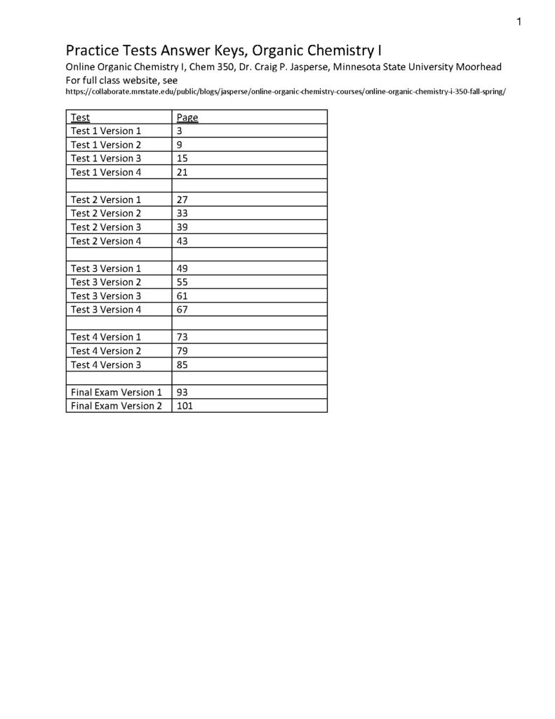 Practice Tests Answer Keys, Organic Chemistry