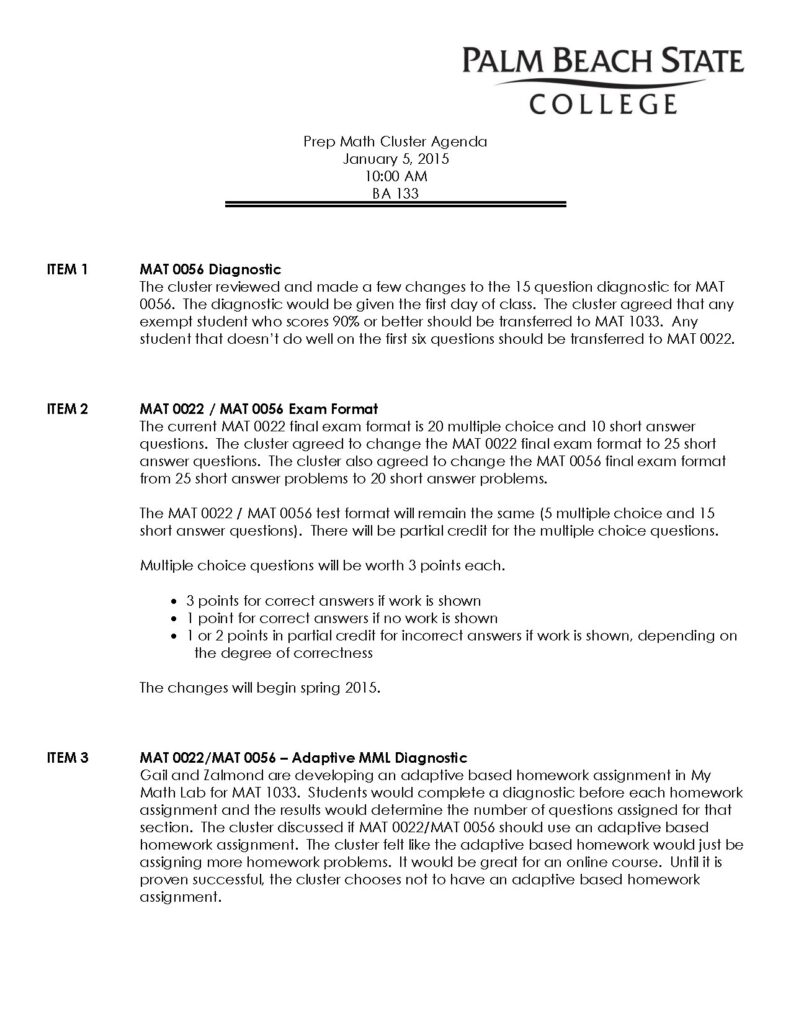 Palm Beach Community College: Prep Math Cluster Agenda