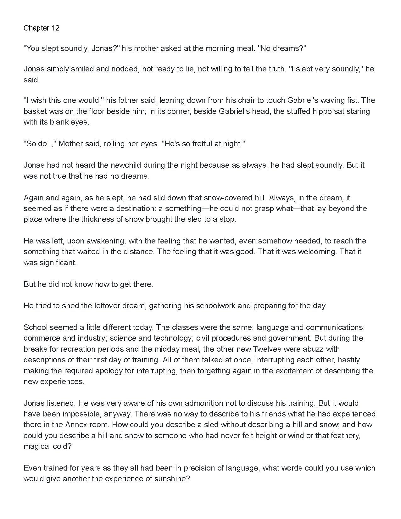 Chapter 12 — The Giver by Lois Lowry