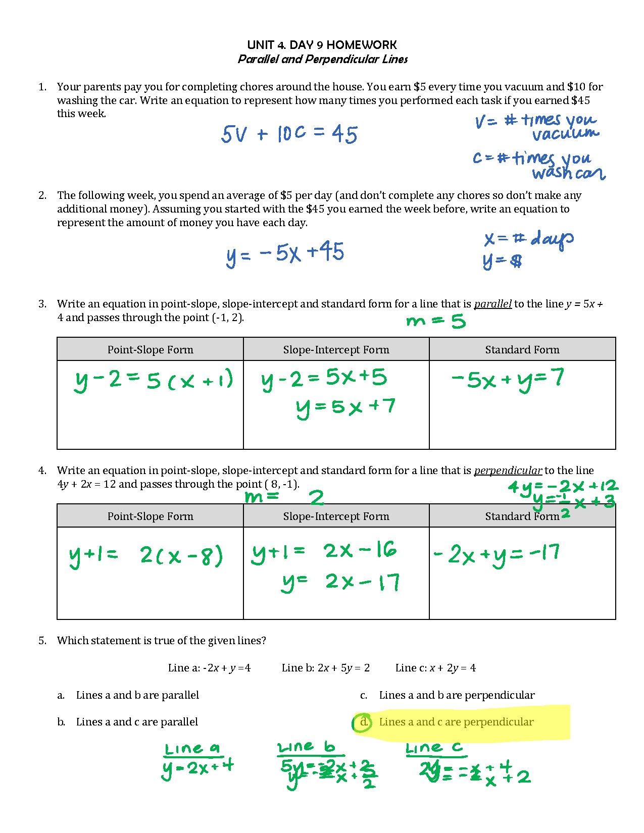 Unit 4 Day 9 Parallel Perpendicular Lines