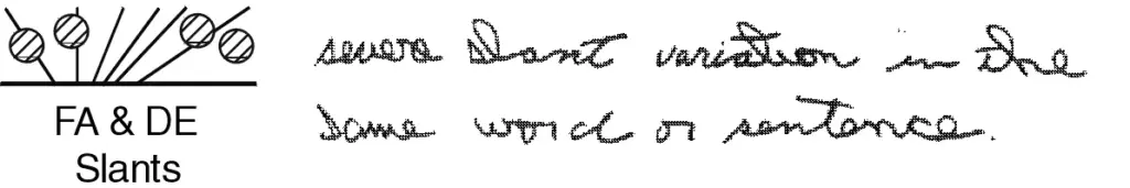 Shown by an obvious slant variation from left to right in the same sentence.  This person has trouble