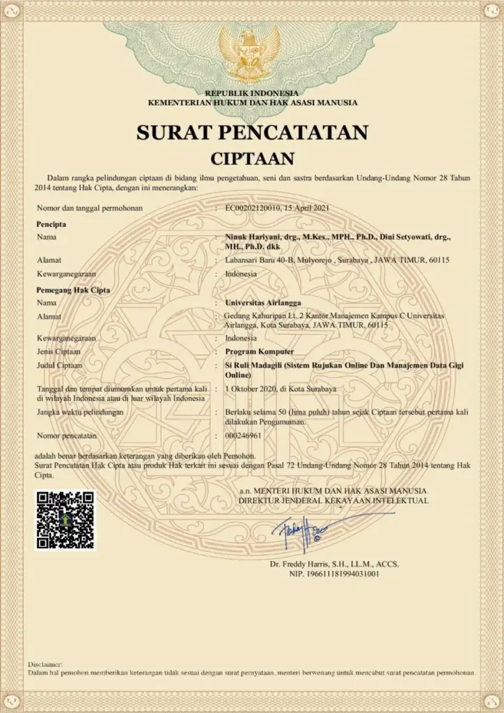Gambar 3. Surat pencatatan ciptaan HAKI Program Sistem Rujukan Online (Si Ruli).
