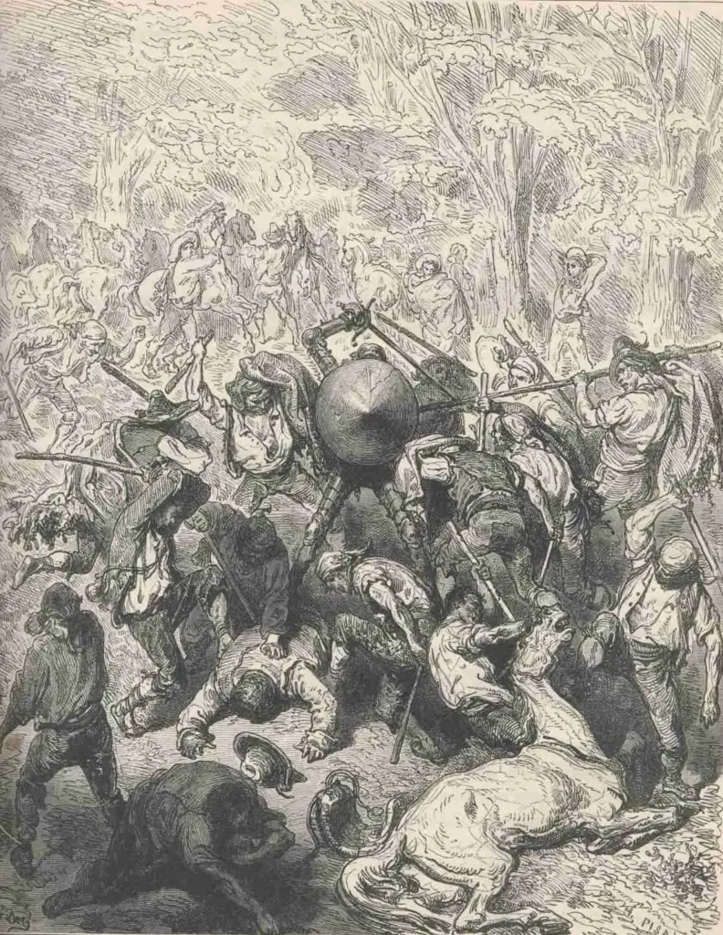 Don Quixote by Miguel de Cervantes — Then,  seeing  the  mischief  they  had  done,  the  Yanguesans  with  all  the