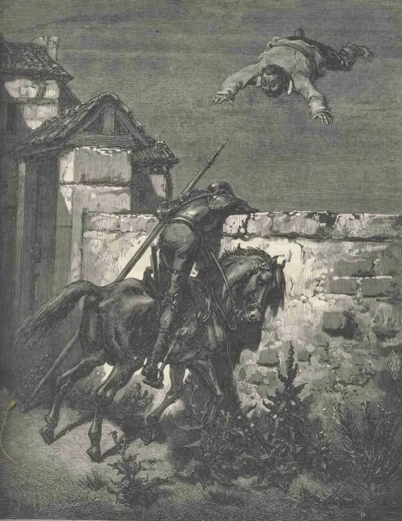 Don Quixote by Miguel de Cervantes — The cries of the poor blanketed wretch were so loud that they reached the
