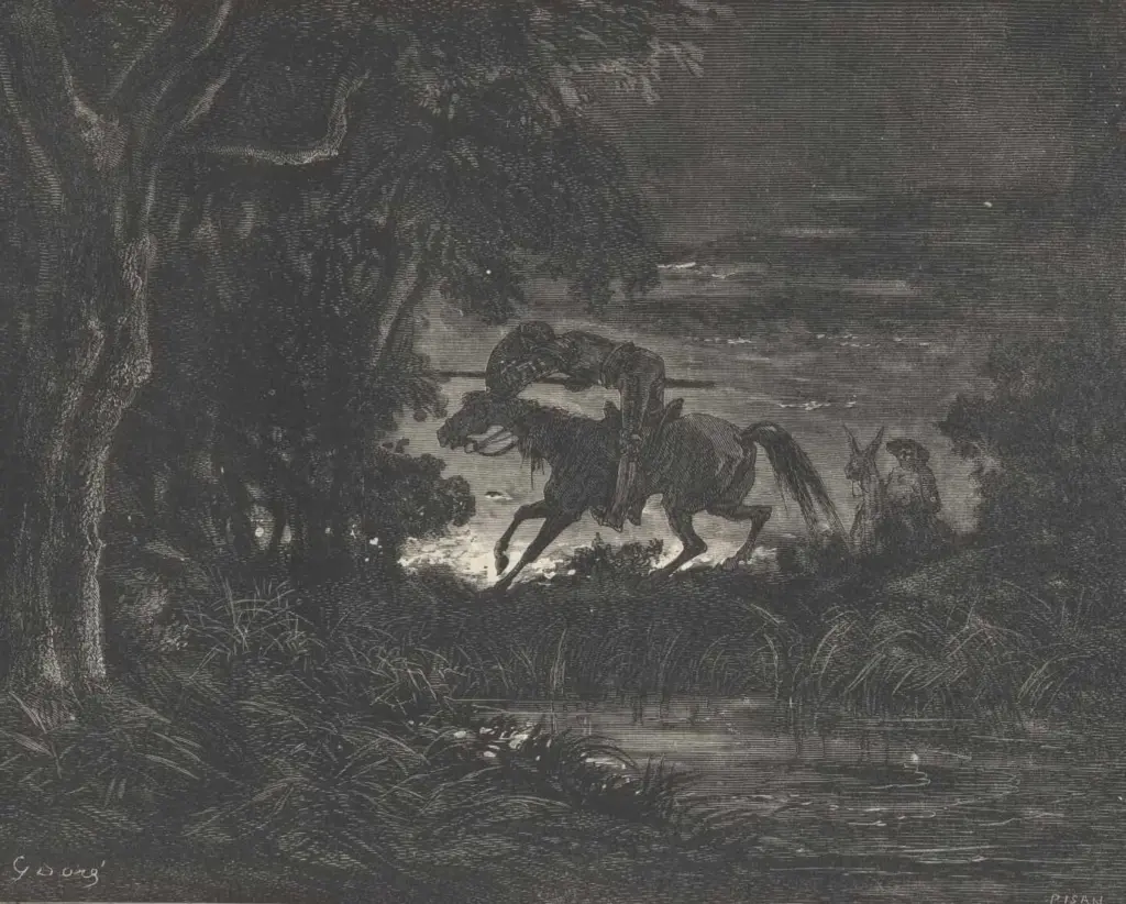 Don Quixote by Miguel de Cervantes — him the remains of the supper, they advanced the meadow feeling their way,