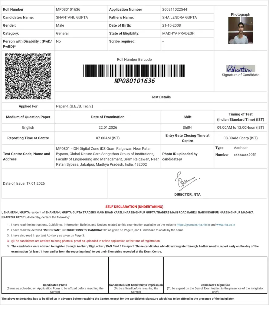 Admit Card for Joint Entrance Examination (Main) 2026 — Figure 1