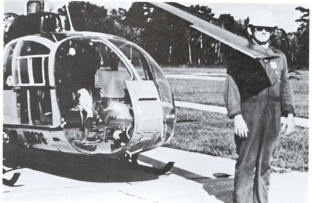 A crouched position (well below the rotor tips is